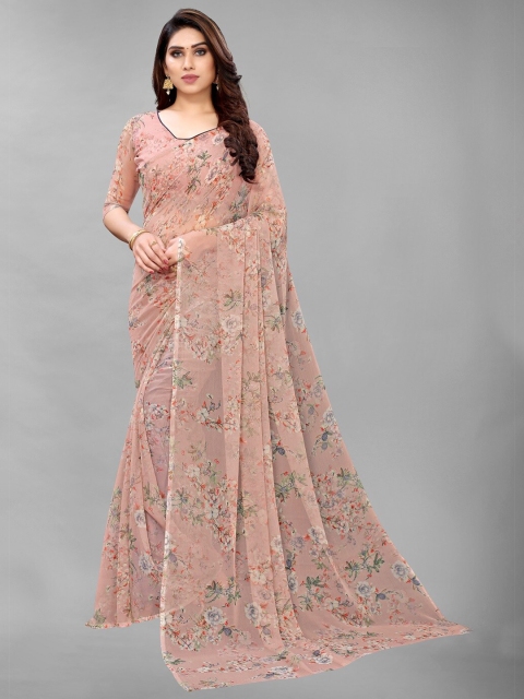 

PERFECTBLUE Pink & Grey Floral Poly Georgette Saree
