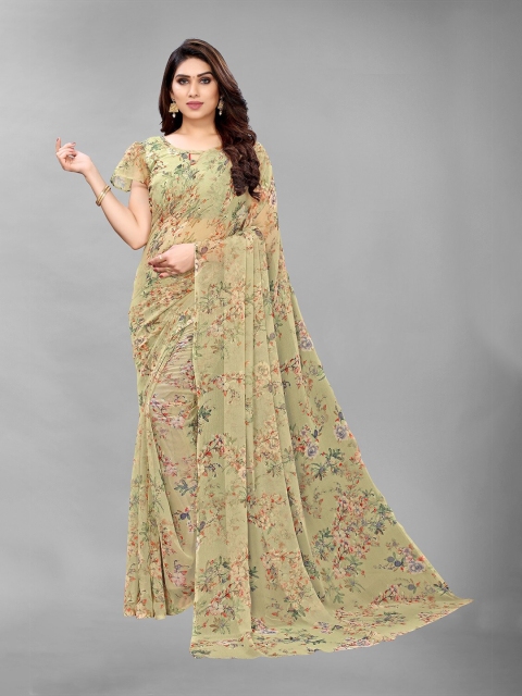 

PERFECTBLUE Green & Red Floral Poly Georgette Saree