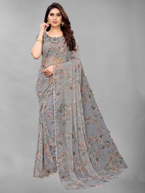 

PERFECTBLUE Grey & Orange Floral Poly Georgette Saree