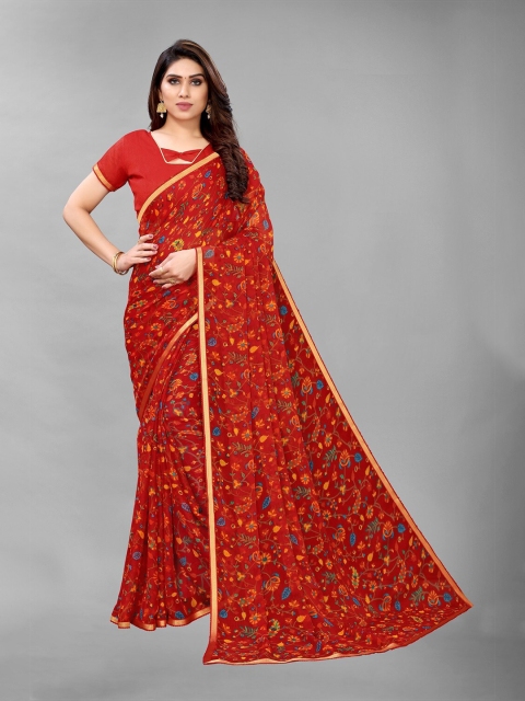 

PERFECTBLUE Red Floral Zari Saree