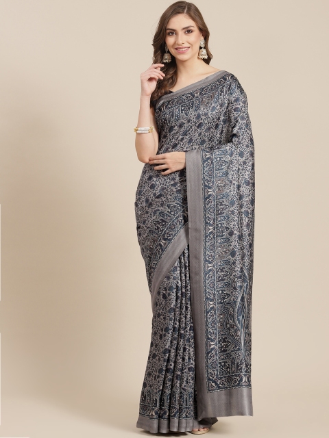 

LABEL AARNA Grey & Teal Blue Ethnic Motifs Polyester Pashmina Saree