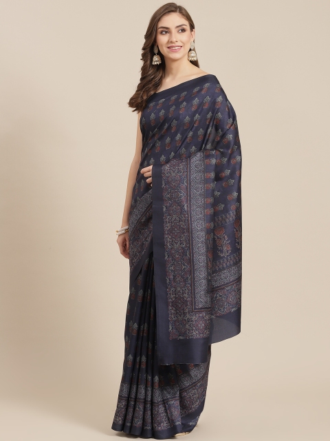 

LABEL AARNA Navy Blue & Red Printed Fusion Saree