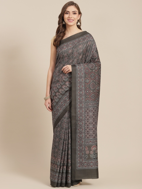 

LABEL AARNA Olive Green & Maroon Ajrakh Print Saree