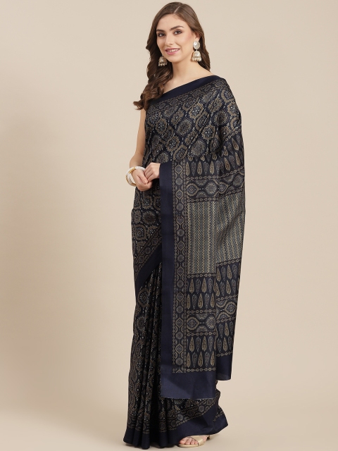 

LABEL AARNA Navy Blue & Brown Ajrak Print Polyester Saree