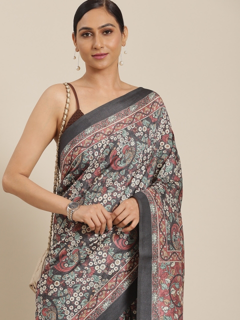 

LABEL AARNA Grey & Red Ethnic Motifs Polyester Saree