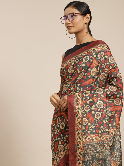 

LABEL AARNA Green & Orange Ethnic Motifs Polyester Saree