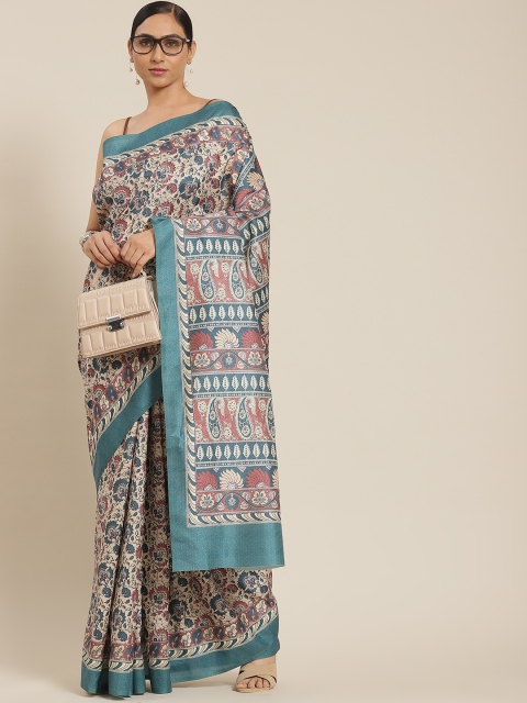 

LABEL AARNA Beige & Teal Green Ethnic Motifs Polyester Saree