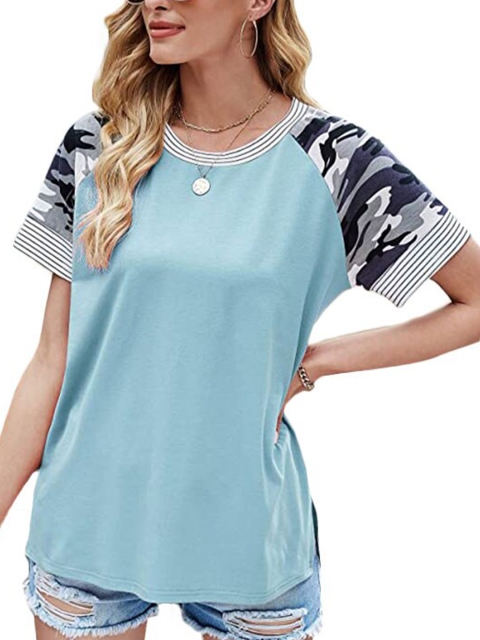 

La Aimee Women Blue Camouflage Printed T-shirt