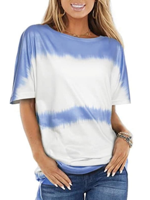 

La Aimee Women Blue & White Tie and Dye Dyed Loose T-shirt