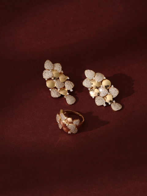 

shaze Rose-Gold Plated White CZ Stone-Studded Floral Pave Jewellery Set
