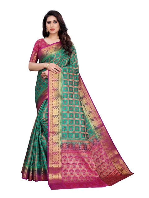 

PERFECTBLUE Teal Green & Golden Ethnic Motifs Art Silk Saree