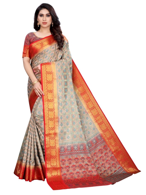 

PERFECTBLUE Grey & Golden Ethnic Motifs Art Silk Saree