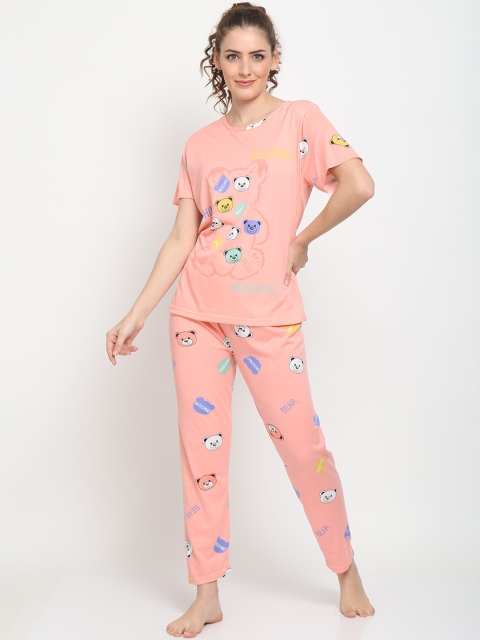 

TAG 7 Women Peach-Coloured & Violet Printed Night suit