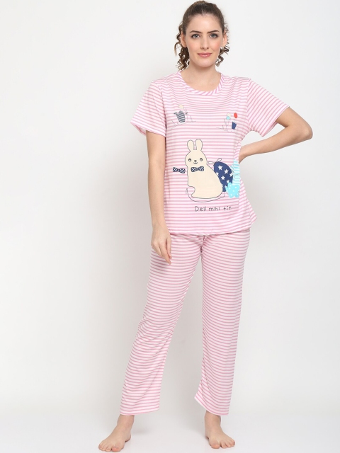 

TAG 7 Women Pink & White Printed Night suit