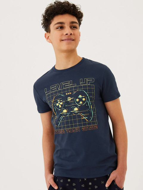 

Marks & Spencer Boys Navy Blue & Yellow Printed Pure Cotton T-shirt