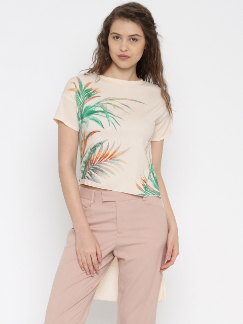 

109F Women Cream-Coloured Tropical Print High-Low Top