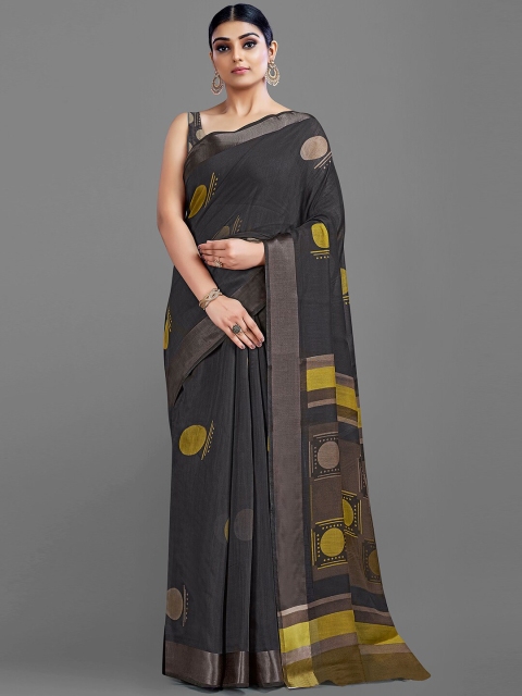 

HRITIKA Coffee Brown & Silver-Toned Zari Block Print Saree