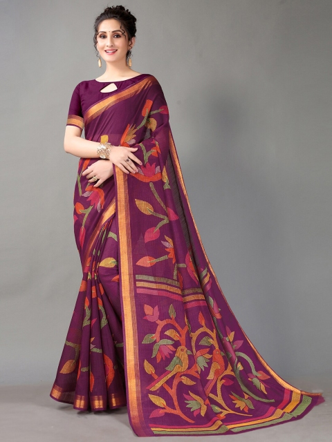 

HRITIKA Purple & Golden Floral Zari Block Print Saree