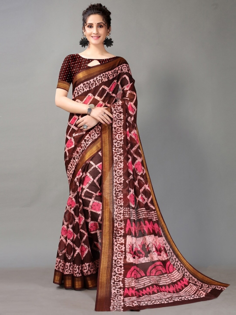 

HRITIKA Brown & Pink Batik Zari Block Print Saree