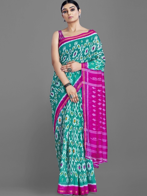 

HRITIKA Sea Green & Magenta Ethnic Motifs Zari Cotton Blend Ikat Saree