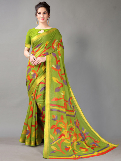 

HRITIKA Green & Red Floral Zari Block Print Saree