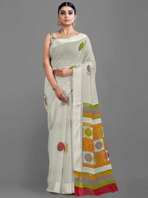 

HRITIKA White & Mustard Zari Cotton Blend Block Print Saree