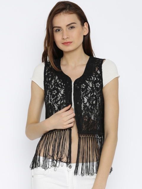 

109F Women Black Fringed Lace Shrug