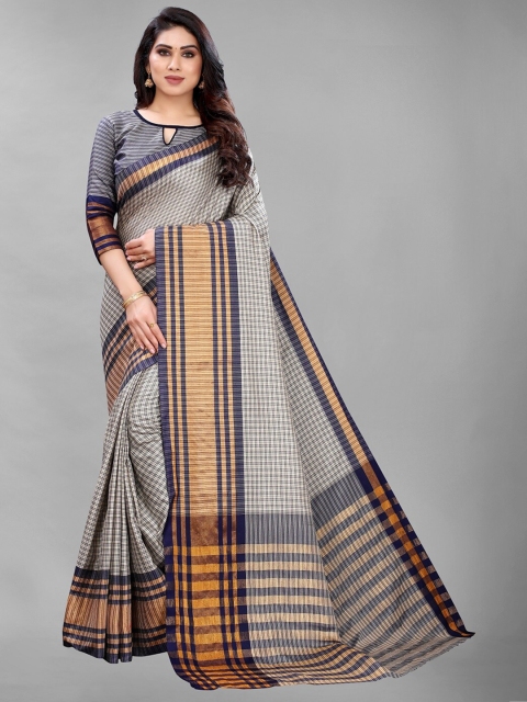 

PERFECTBLUE Navy Blue & White Checked Silk Cotton Saree