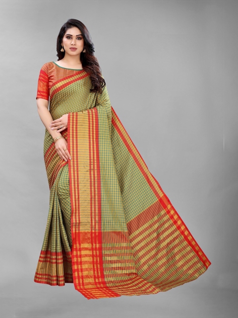 

PERFECTBLUE Green & Red Checked Zari Silk Cotton Saree