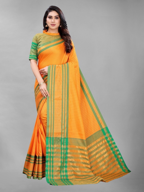 

PERFECTBLUE Mustard & Green Checked Silk Cotton Saree