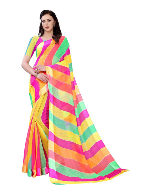 

PERFECTBLUE Multicoloured Striped Pure Georgette Saree, Multi