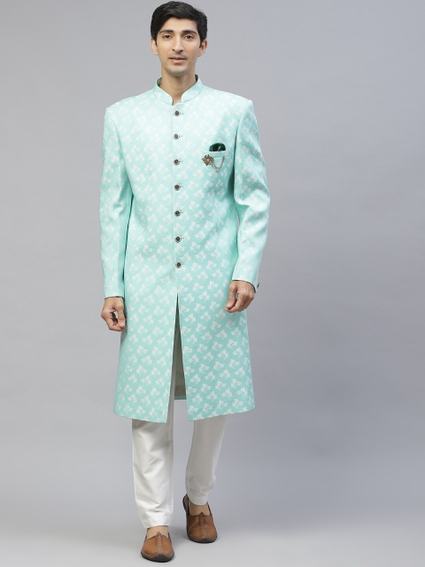 

MAXENCE Men Sea Green & White Jacquard Sherwani Set