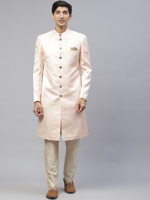

MAXENCE Men Pink & Cream Floral Jacquard Sherwani Set