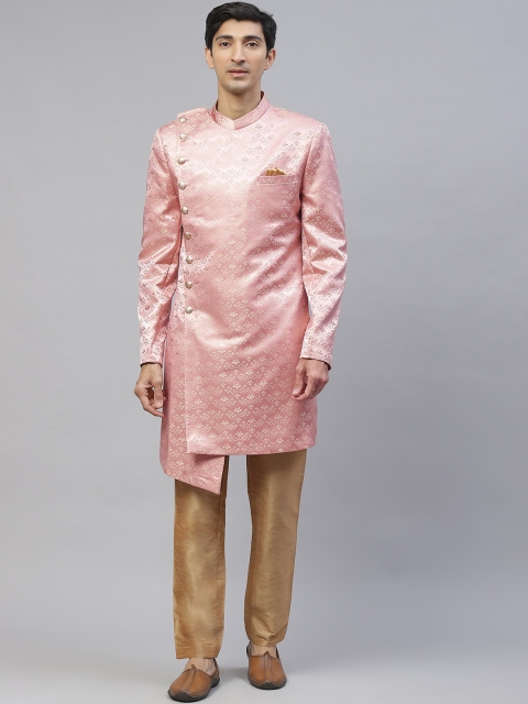 

MAXENCE Men Blush Pink & Gold-Toned Floral Jacquard Sherwani Set