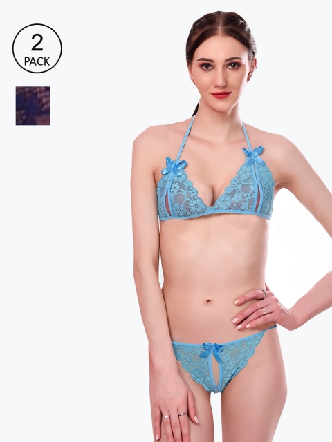 

Fleurt Pack of 2 Self Design Lacy Lingerie Sets, Blue