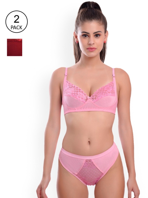 

Fleurt Set Of 2 Pink & Maroon Self-Design Lace Lingerie Set 399-MR-PK-S-Maroon