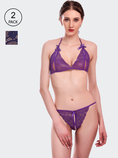 

Fleurt Set Of 2 Purple & Navy Blue Self-Design Lace Lingerie Set Fleurt-Set-206-PR-N.BL