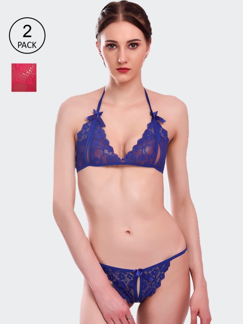 

Fleurt Pack of 2 Self Design Lacy Lingerie Sets, Maroon