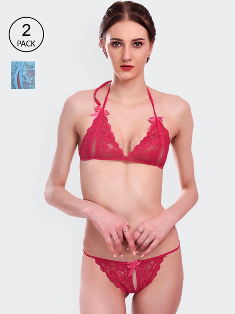 

Fleurt Pack of 2 Self Design Lacy Lingerie Sets, Maroon