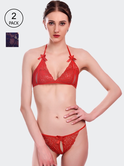 

Fleurt Set Of 2 Red & Navy Blue Self-Design Lace Lingerie Set 206-RD-N.BL-Red