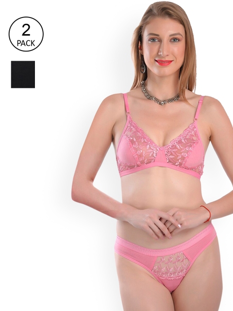 

Fleurt Set Of 2 Black & Pink Self-Design Lace Lingerie Set