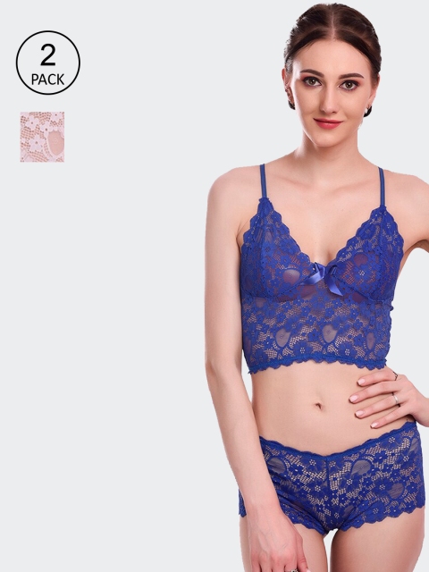 

Fleurt Pack of 2 Self Design Lacy Lingerie Sets, Pink