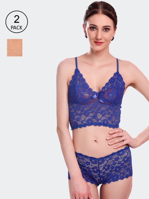 

Fleurt Pack of 2 Self Design Lacy Lingerie Sets, Beige