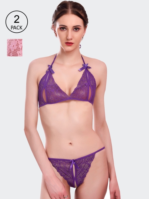 

Fleurt Set Of 2 Purple & Pink Self-Design Lace Lingerie Set 206-PR-PK-Purple