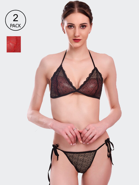 

Fleurt Pack of 2 Self Design Lacy Lingerie Sets, Red
