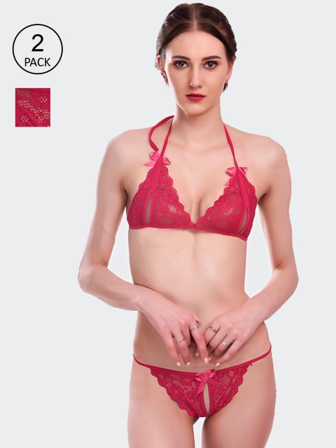 

Fleurt Set Of 2 Self-Design Lace Lingerie Set 206-MR-RD-Maroon