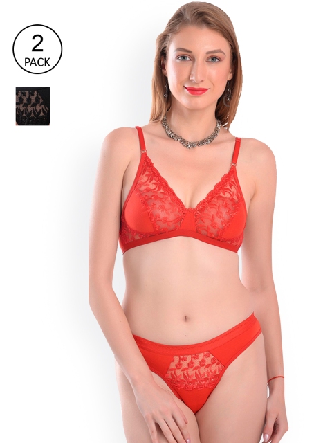 

Fleurt Set Of 2 Red & Black Self-Design Lace Lingerie Set Rose-RD-BK-S-Red