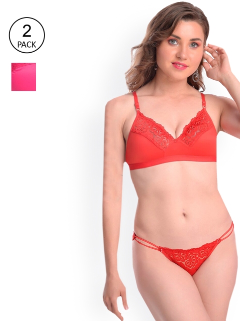 

Fleurt Women Pack Of 2 Self Design Lace Lingerie Set, Pink