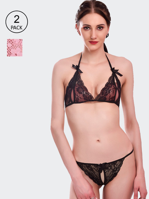 

Fleurt Pack of 2 Self Design Lacy Lingerie Sets, Pink