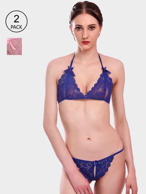 

Fleurt Women Pack Of 2 Self Design Lace Lingerie Set, Pink